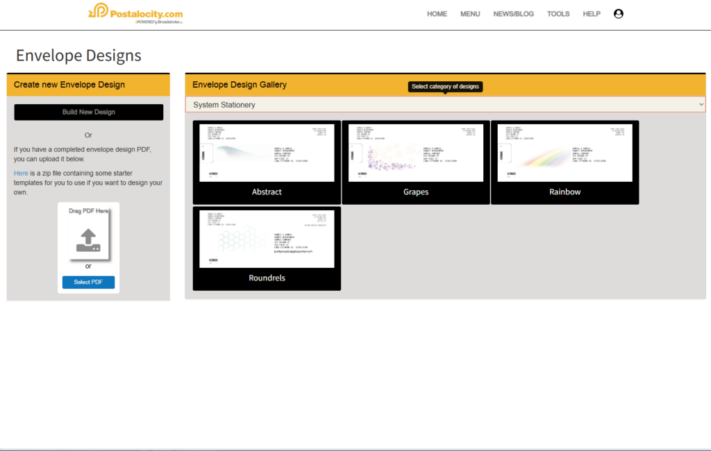 A screenshot of Postalocity’s “Envelope Designs” dashboard displays a gallery of customizable envelope templates, including styles labeled Abstract, Grapes, Roundrels, and Rainbow. Each template features clean layouts with distinct design elements and professional address formatting. On the left, users are offered options to upload a PDF or build a new design using Postalocity’s editor. This interface highlights the platform’s focus on brand consistency and visual professionalism. For financial institutions, it ensures every mailing—whether a statement, invoice, or compliance notice—reflects a polished, trustworthy image aligned with their identity and reputation.