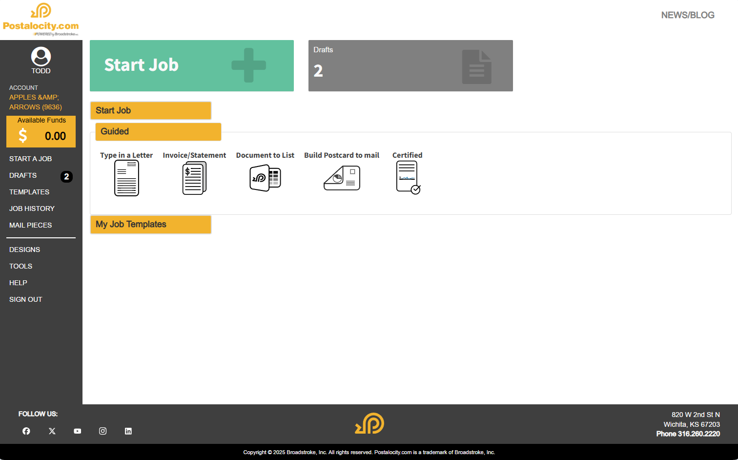 A screenshot of the Postalocity user dashboard shows the intuitive job creation interface for business mailings. The screen highlights various mailing options—typing a letter, sending invoices or statements, uploading documents to a list, building postcards, and creating certified mailings. The user’s account information, available funds, and navigation menu appear on the left side, reflecting real-time control and flexibility. This interface exemplifies how Postalocity simplifies complex mailing workflows for financial institutions, automating tasks like statement distribution and compliance notices with built-in address verification, secure printing, and efficient processing—all without the need for postage meters or manual labor.