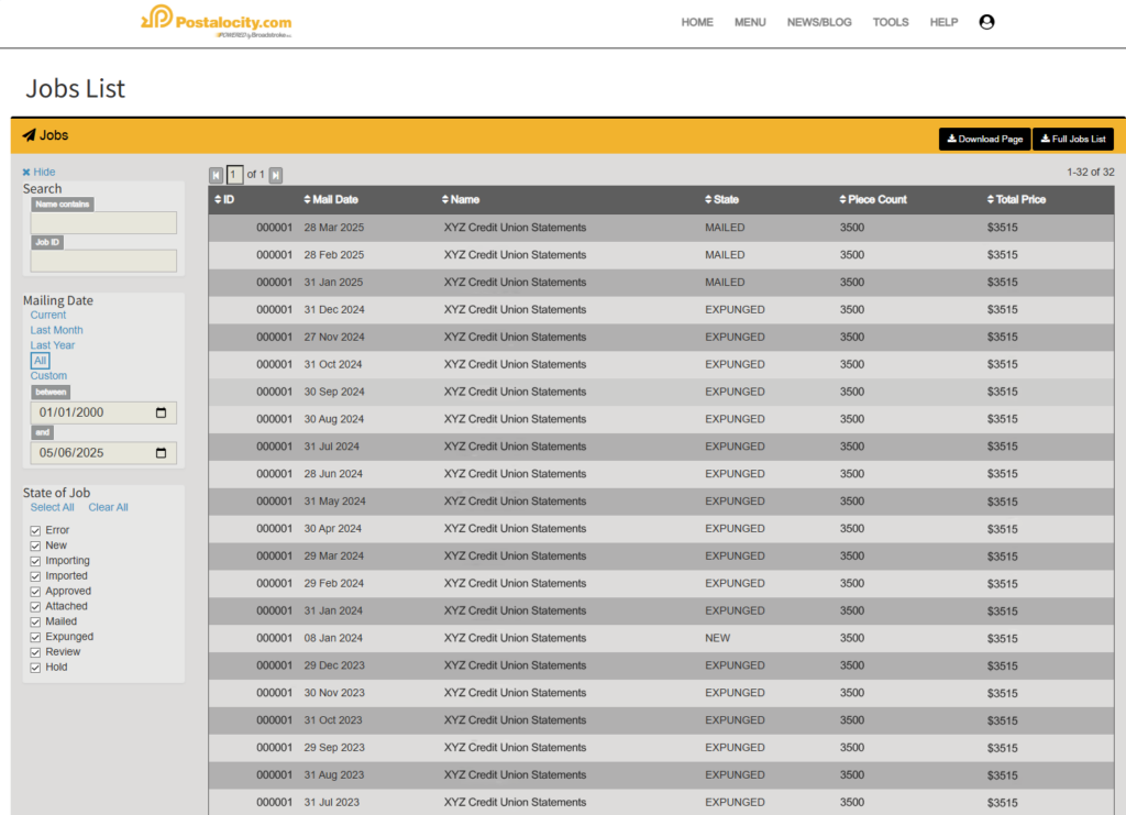 A screenshot of the Postalocity Jobs List dashboard displays a detailed record of recurring mail jobs labeled “XYZ Credit Union Statements,” with consistent mailing dates, piece counts of 3,500, and total costs of $3,515. The status of each job is noted as either "MAILED" or "EXPUNGED," showcasing a clear audit trail and high-volume activity. Filters on the left side allow users to sort by mailing date and job state. This interface highlights Postalocity’s scalability, enabling financial institutions to automate the mailing of thousands of monthly statements and compliance notices with ease, accuracy, and full visibility into every batch.