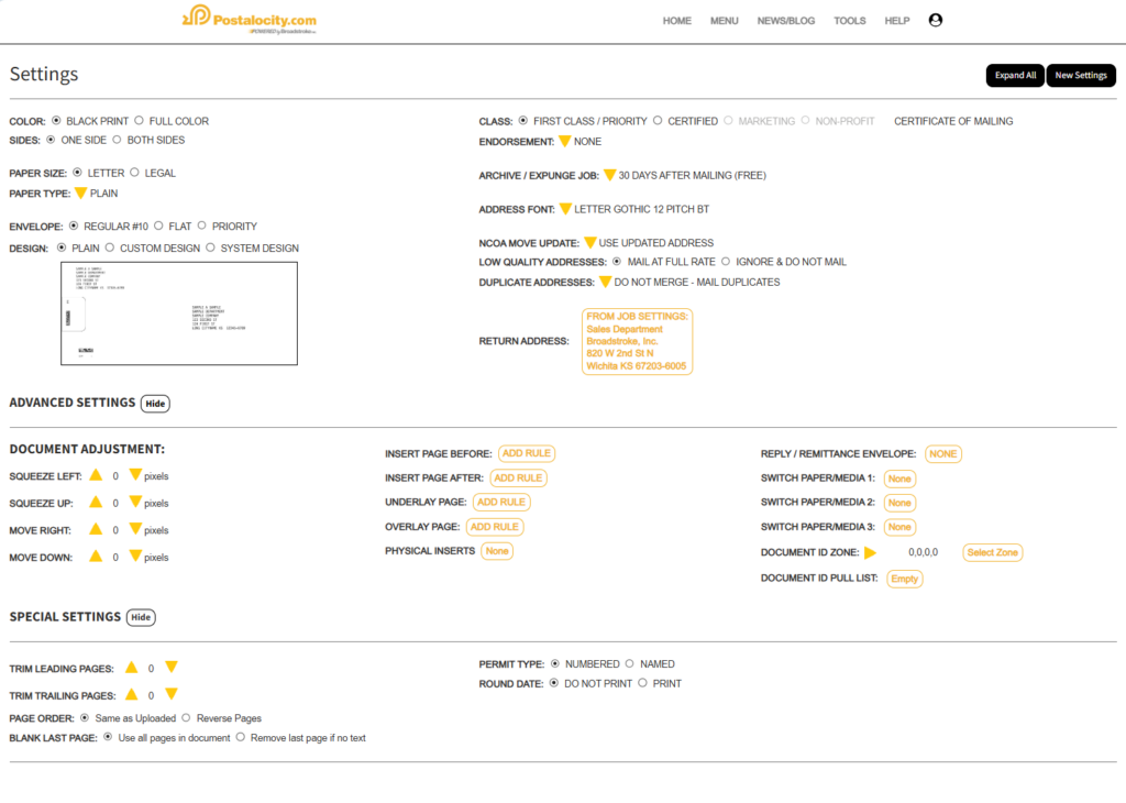 A screenshot of Postalocity’s advanced job settings interface displays a wide range of customizable mailing options. Users can adjust print color, paper size, envelope style, address formatting, physical inserts, and document positioning—all within one centralized dashboard. Additional settings include remittance envelopes, duplicate address handling, and page trimming. This powerful yet user-friendly interface illustrates Postalocity’s adaptability, enabling cities to mail anything from a few utility bills to thousands of public notices. With no minimum volume requirements or rigid contracts, municipalities gain a flexible, scalable solution that meets their evolving communication needs.
