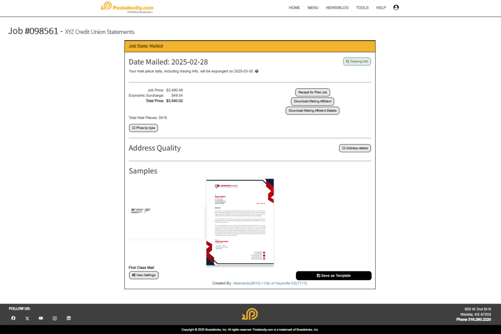 A Postalocity job summary page shows detailed information for a recently mailed batch of credit union statements. The dashboard includes the mail date, total mail pieces (3,516), pricing breakdown, and access to documents such as a receipt and mailing affidavit. Below, sample mail pieces and letters are displayed with links to view settings and save templates. The “Address Quality” section emphasizes Postalocity’s built-in address validation. This interface highlights the platform’s value for collection agencies by helping ensure compliance, reducing undeliverable mail, and safeguarding accuracy—minimizing legal risk and return-related costs.