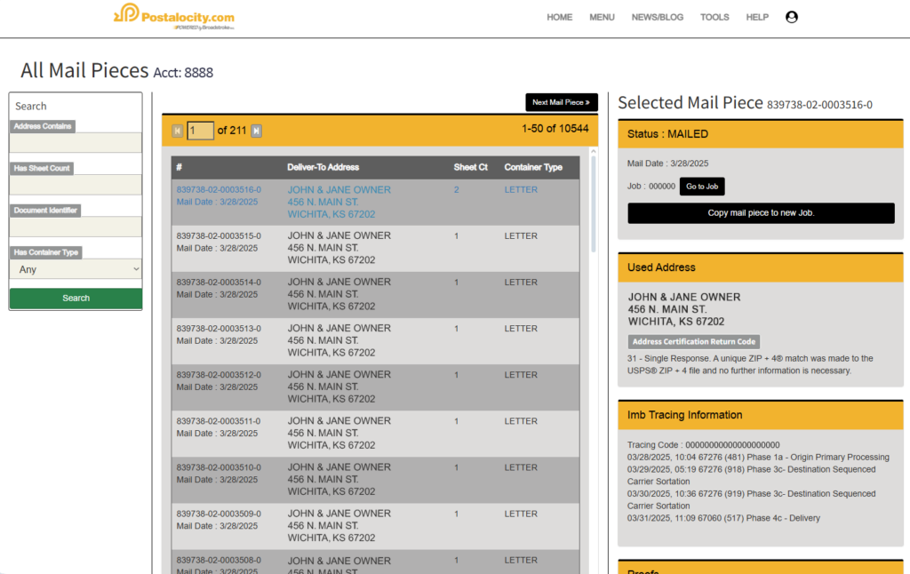 A detailed dashboard from Postalocity’s “All Mail Pieces” interface displays individual mail records associated with an account. The screen shows multiple entries addressed to the same recipient, including mail dates, sheet counts, and container types. On the right panel, a selected mail piece shows its full tracking history, including tracing codes, USPS processing phases, and delivery status marked as “MAILED.” This interface highlights the power of real-time visibility, allowing financial institutions to track each statement’s journey from send to delivery—providing accountability and peace of mind for both senders and recipients.