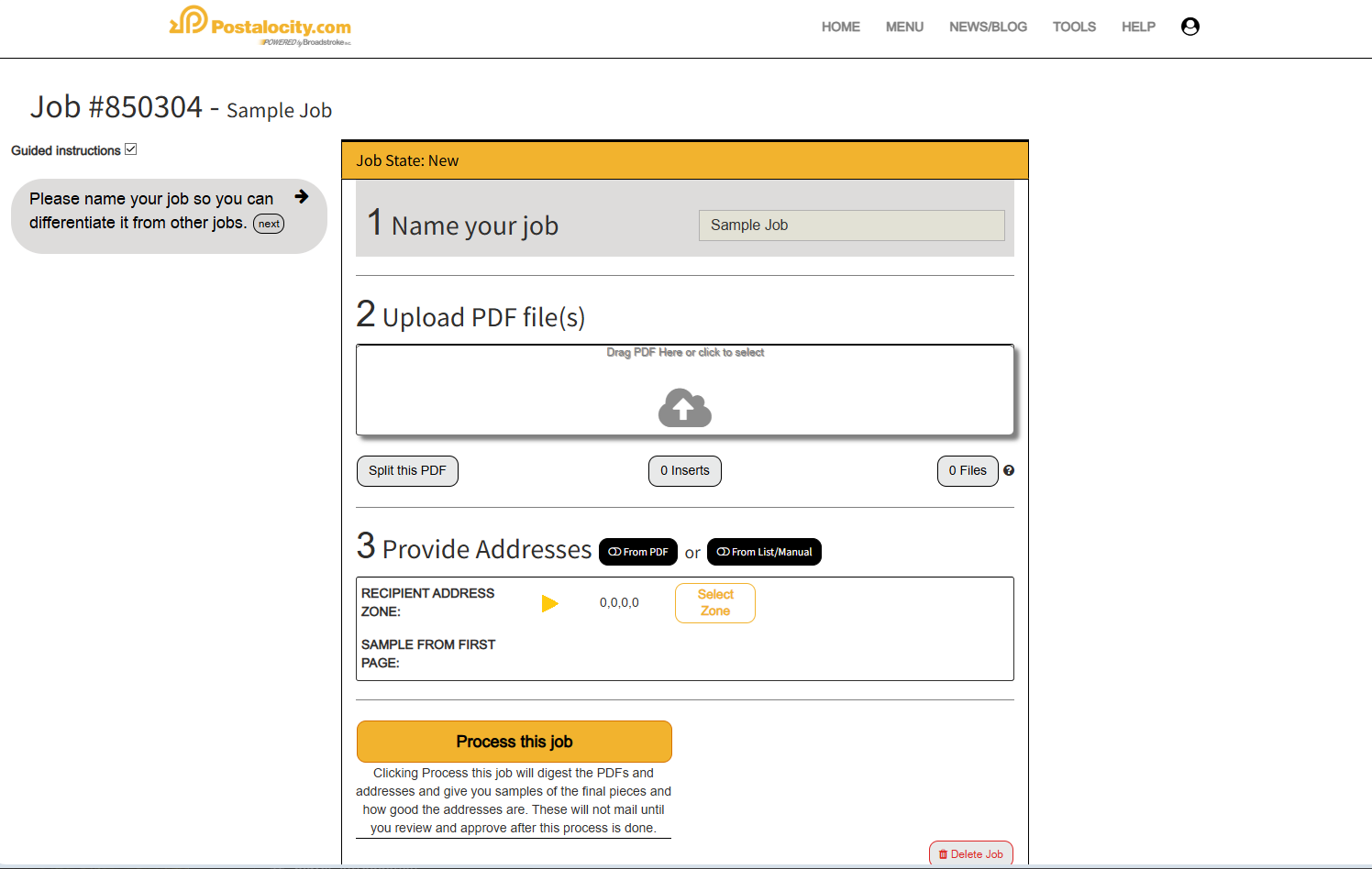 A screenshot of Postalocity’s job setup interface displays a simple, guided workflow labeled “Sample Job.” The screen walks users through three easy steps: naming the job, uploading PDF documents, and providing recipient addresses—either from a file or manually. The platform prompts users to drag and drop files and select address zones, streamlining the setup process. This image demonstrates how Postalocity eliminates the burdens of printing, folding, stuffing, and using postage meters—perfect for credit repair professionals who need fast, accurate delivery of dispute letters and compliance documents without wasting time on manual tasks.
