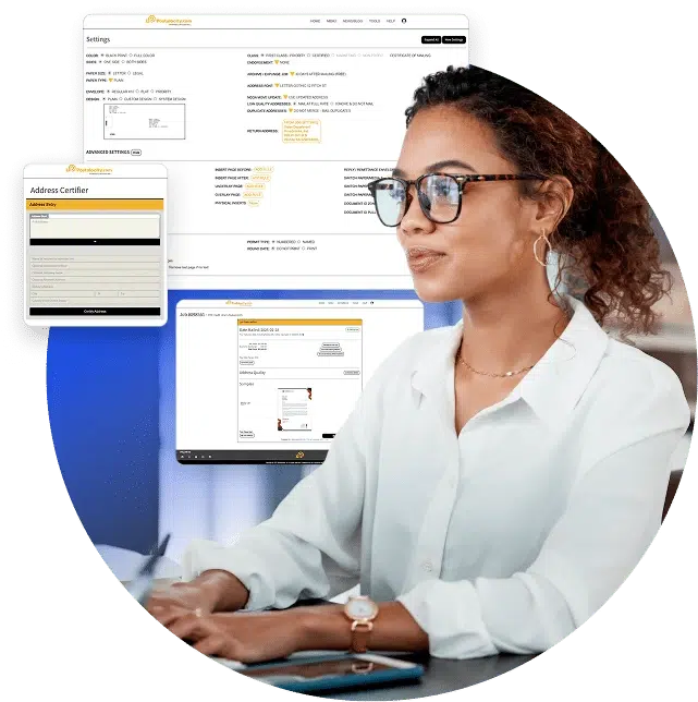 A professional woman wearing glasses and a white blouse sits confidently at a desk, using Postalocity’s web-based platform on her computer. She is focused and appears empowered, reflecting ease and efficiency in her mailing tasks. Floating around her are multiple user interface screens from the Postalocity platform, showcasing intuitive tools such as address certifier, job details, and settings panels. These interface elements highlight the platform’s features for streamlining and automating mail workflows. The overall scene conveys a modern, tech-savvy workspace where Postalocity enables clear visibility and stress-free decision-making in managing business mail.
