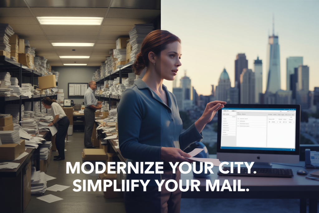 Split-screen feature image illustrating the transformation of a city mailroom through automation. The left side shows an outdated, cluttered municipal mailroom with stacks of paper, overworked staff, and boxes crowding the space. The right side features a calm, focused city employee using a modern digital mail platform on a desktop computer, with a city skyline in the background. Text overlay reads “Modernize Your City. Simplify Your Mail.” This image represents the contrast between traditional government mailing processes and streamlined municipal mail automation solutions.