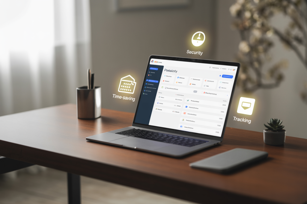 A modern office desk with a laptop showing a Postalocity interface for sending certified mail online, surrounded by icons representing time savings, legal compliance, and USPS tracking.