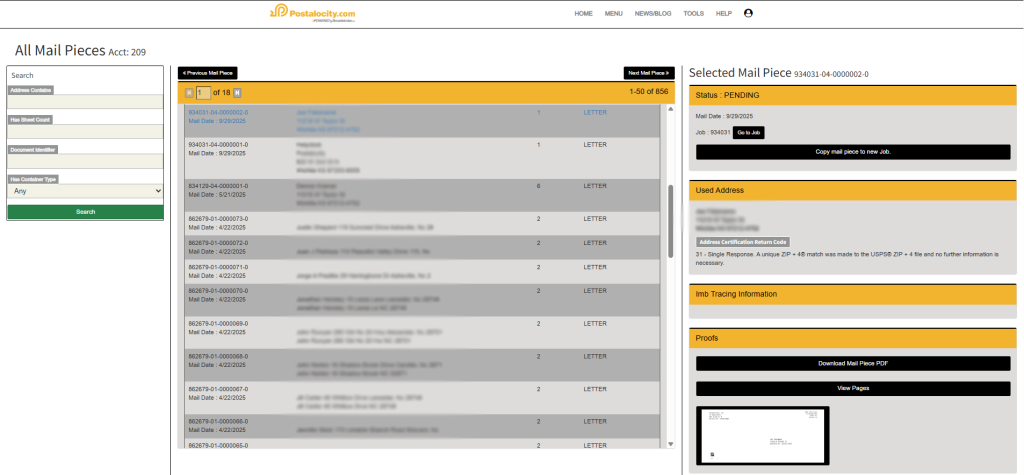 Screenshot of mailing information by address